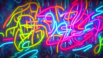 Abstract digital art with bright neon lines and glowing colorful waves swirling in a fractal light pattern