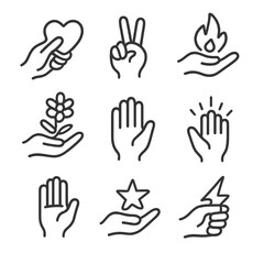 Symbolic Hand Icons. Outline icon set of symbolic touch: heart touch, peace sign, hand with flame, hand with flower, open hand,