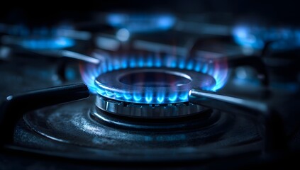 A gas stove burner with a bright blue flame, glowing against a dark background 
