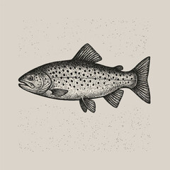 Hand drawn brown trout illustration. Vintage fish drawing with grunge texture