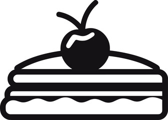 Elegant Black and White Vector Icon of a Delicious Cake Slice Topped with a Cherry, Ideal for Sweet Treat Menus and Bakery Designs.