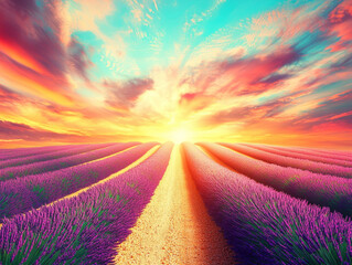 Lavender field path at sunset, vibrant colors, idyllic scene