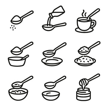 Table Spoon Icon Set. Outline icon set of tablespoon uses: scooping sugar, pouring oil, stirring coffee, measuring flour, holding