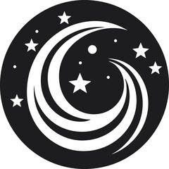 Striking Black and White Cosmic Swirl Logo with Sparkling Stars and Dynamic Flow - Abstract Celestial Galaxy Design Concept for Innovation