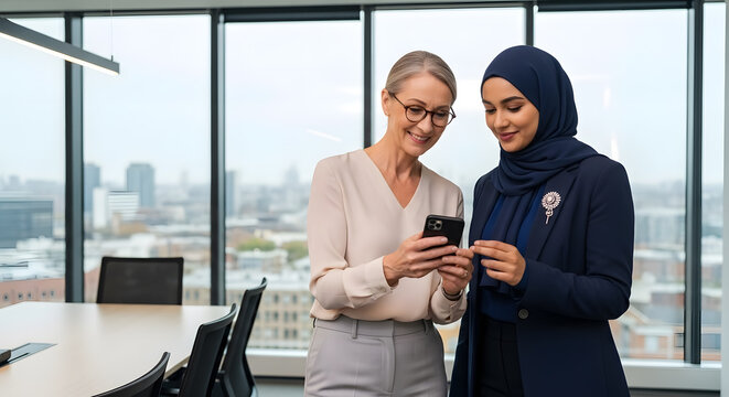 Diverse business people young and old - Diverse colleagues share phone insights in modern office