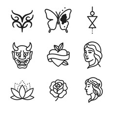 Tattoo Styles Icon Set. Outline icon set of tattoo styles: tribal, watercolor, geometric, Japanese, traditional, realism, dotwork,