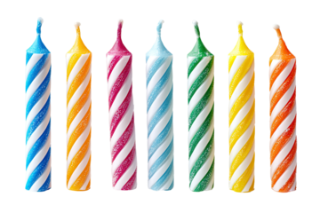 Colorful birthday candles arranged in a row against a black background.  Each candle has a spiral design of alternating colored stripes and a white border