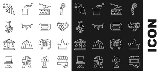 Set line Fast street food cart, Jester hat with bells, Monkey, Drum drum sticks, Carnival garland flags, Unicycle or one wheel bicycle, Festive confetti and Circus ticket icon. Vector
