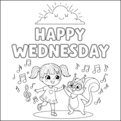 A dancing girl and a squirrel wearing glasses do a silly high-five. Floating music notes and a big, happy cloud surround them. The words HAPPY WEDNESDAY are written in large, outline