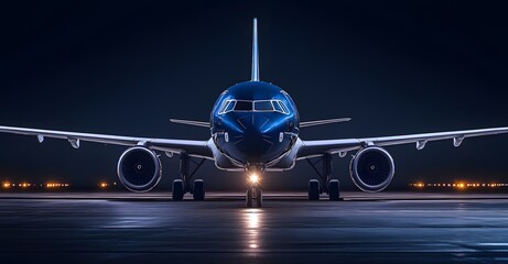 Fototapeta premium Front view of a commercial airplane parked on a runway at night