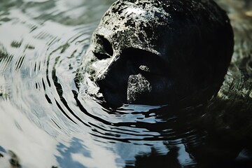 A weathered stone statue s face emerges from rippling water casting a somber and contemplative mood