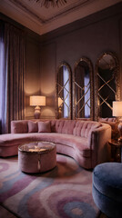 A whimsical Art Deco-inspired living room featuring cotton candy-toned furniture and a luxurious pastel velvet curved sofa.