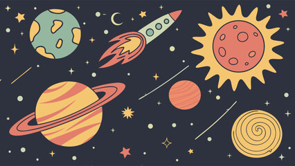 Colorful Cartoon Planets Rocket and Stars in Space Illustration.