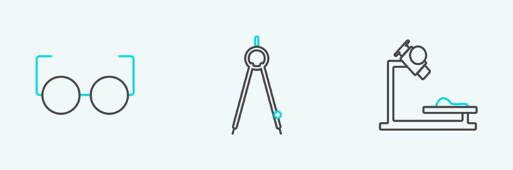Set line Microscope, Glasses and Drawing compass icon. Vector