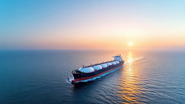 large LNG carrier glides through tranquil waters at sunset, showcasing technology and energy transport