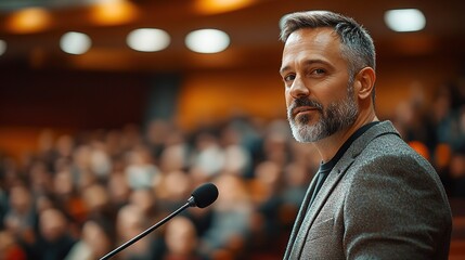 Back - to - School Campus Speech Scene, Suit Man Speaking at Podium