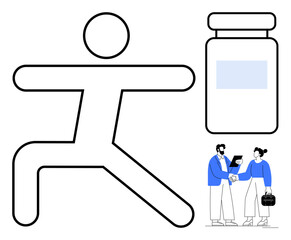 Person in yoga posture, medicine bottle, and handshake between professionals. Ideal for health, wellness, medicine, teamwork, collaboration fitness balance. Minimalist and simple flat metaphor