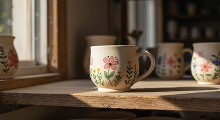 Decorative Hand-painted Ceramic Mug with Floral Design on Rustic Wooden Shelf in Sunlight