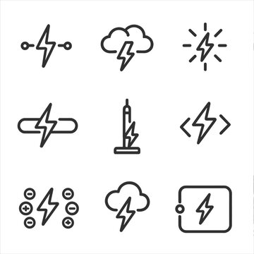 Thunder Physics Icons. Outline icon set of thunder in physics: electric current, static charge, spark, conductor, lightning rod,