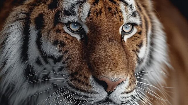 カメラをじっと見つめる青い目の虎のクローズアップポートレート | Close-up Portrait of a Blue-Eyed Tiger Staring Intently at the Camera