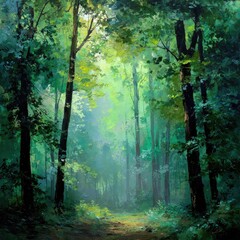 Fototapeta premium Lush forest path bathed in soft light