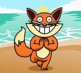 Illustration of a fox doing yoga on the beach