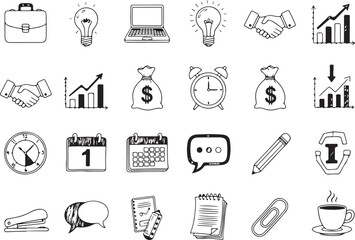 Naklejka premium A versatile collection of hand drawn business and office icons perfect for presentations websites and professional documents featuring a variety of common workplace elements