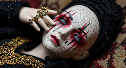  closeup portrait of a creepy porcelain doll with cracked face, gothic makeup, and ornate rings on its fingers
