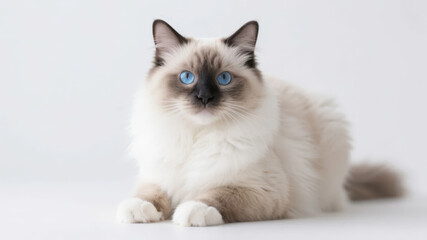 A Ragdoll Cat with Blue Eyes Sitting on a White Background