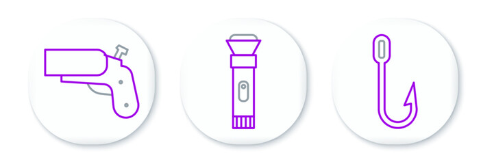 Set line Fishing hook, Flare gun pistol and Flashlight icon. Vector