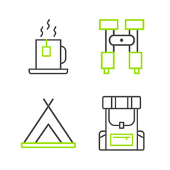 Set line Hiking backpack, Tourist tent, Binoculars and Cup of tea with tea bag icon. Vector