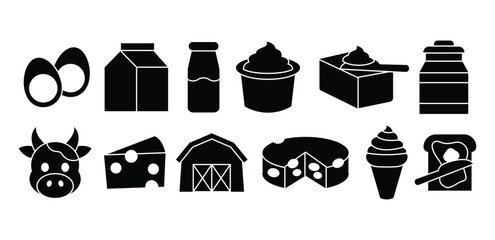 Dairy Product Collection Fill Black Icon Featuring Milk, Egg, Cheese, Dessert, Breakfast, Cooking, Meal, Fresh, Healthy, Symbol Vector Design Illustration Collections