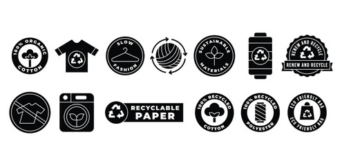 Black Fill Clothes Recycling Icons Fashion, Reuse, Reduce, Environmental, Waste, Manufacturing, Apparel, Stamp Badge Vector Design Illustration Collections Sets