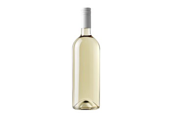 A clear glass wine bottle, pale yellow-gold in color, with a white screw cap