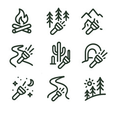 Torchlight Nature Icons. Outline icon set of torchlight nature scenes: campfire torch, forest light, mountain torch, river torch,