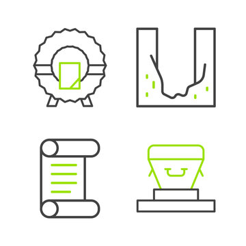 Set line Coffin, Decree, parchment, scroll, Cemetery digged grave hole and Memorial wreath icon. Vector
