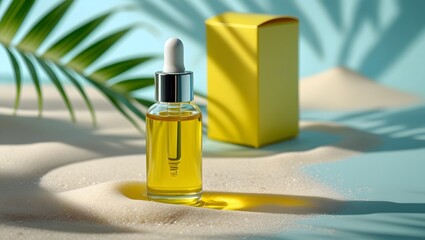 Skincare Product Mockup: Yellow Bottle with Dropper and Cardboard Box in Sunlight with Palm Leaf Shadows