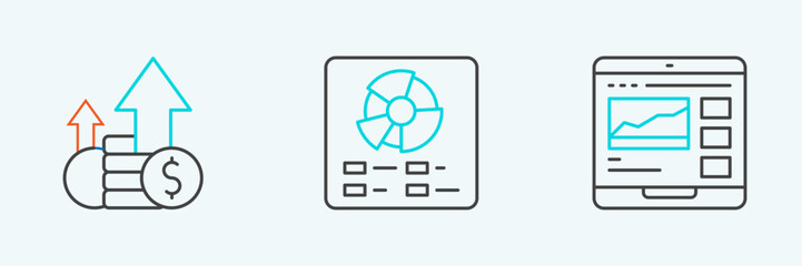 Set line Trading courses, Financial growth and coin and Pie chart infographic icon. Vector