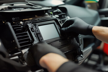 Car stereo radio installation process close-up background.