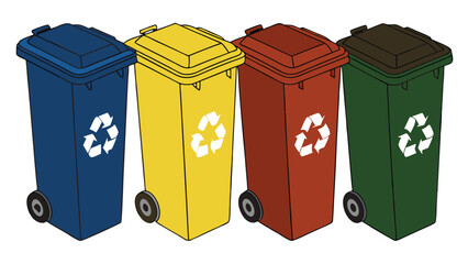 Four Colorful Recycling Bins for Waste Sorting.