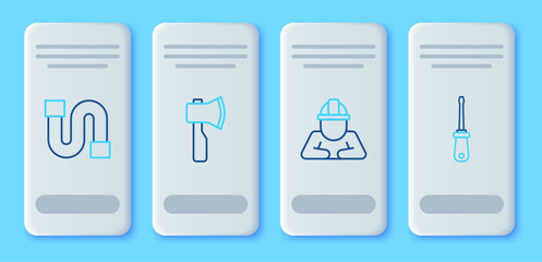 Set line Wooden axe, Builder, Industry pipe and Screwdriver icon. Vector