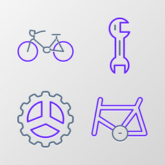 Set line Bicycle frame, sprocket crank, Wrench spanner and icon. Vector