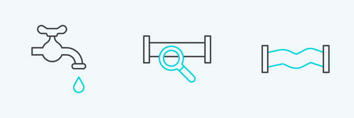 Set line Industry metallic pipe, Water tap and icon. Vector