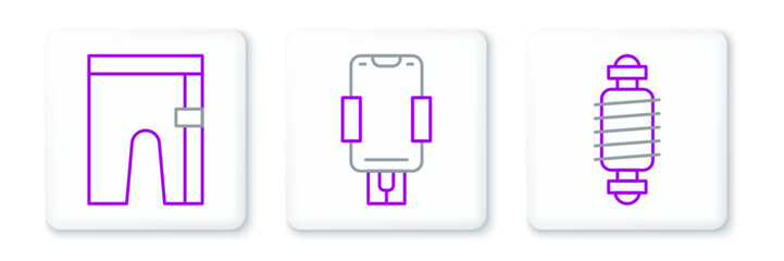 Set line Bicycle suspension, Cycling shorts and Mobile holder icon. Vector