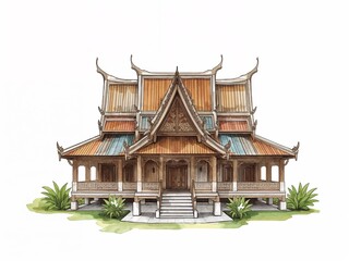 Fototapeta premium Cambodian wooden Khmer house in ink and watercolor wash on plain white background