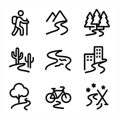 Trail Icon Set. Outline icon set of trail types: hiking path, mountain trail, forest trail, desert path, riverbank trail, city