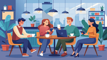 Businesspeople sit at tables for a discussion during a team meeting in an office or cafe