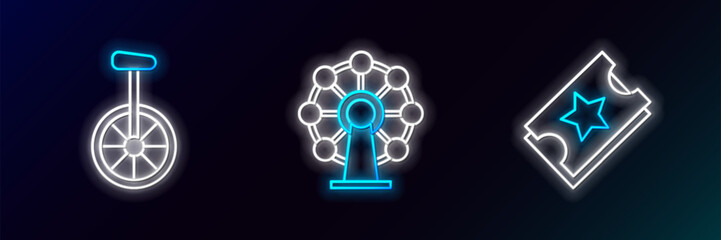 Set line Ticket, Unicycle or one wheel bicycle and Ferris icon. Glowing neon. Vector © Oksana