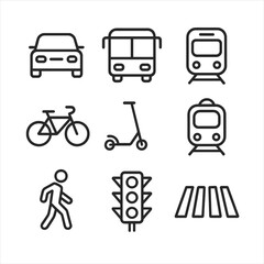 Transportation Icon Set. Outline icon set of daily transportation: car, bus, train, bicycle, scooter, subway, walking person,