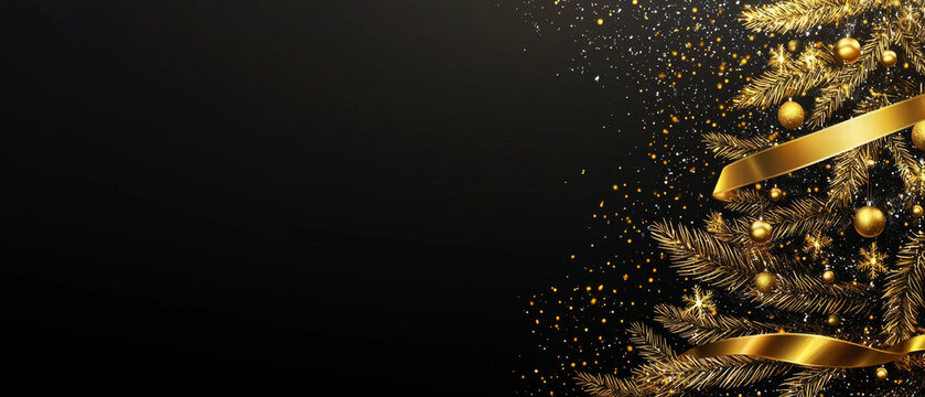 Gold Christmas tree branch, ornaments, and ribbon on black background